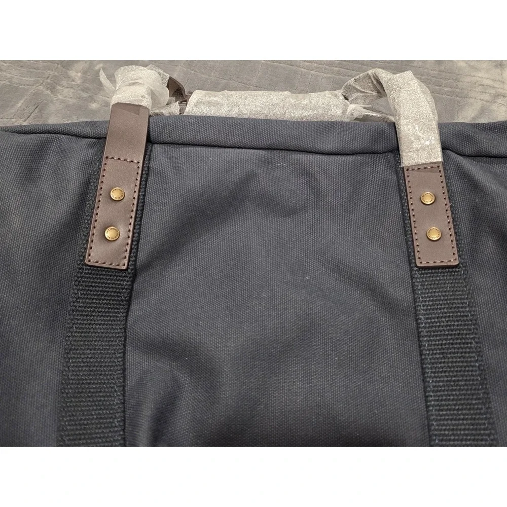Lands End Navy Blue Canvas & Brown Leather Weekender Duffle Bag Tote NEW